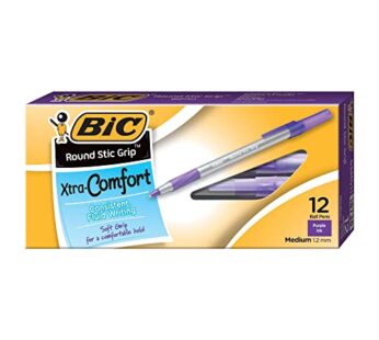 BIC? Round Stic Grip? Xtra Comfort Fashion Ball Point Pen, Purple, 12 Pack