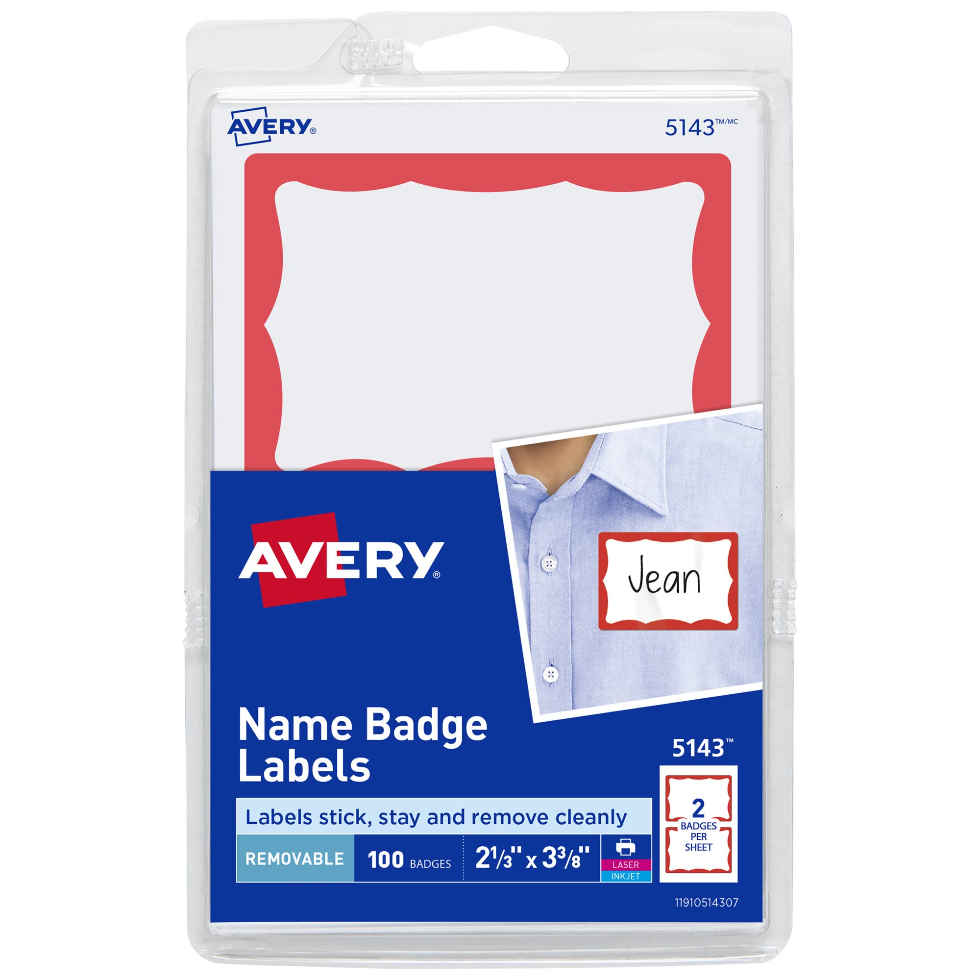 Avery Customizable Name Tags, 2-1/3" x 3-3/8", White with Red Border, 100 Removable Name B