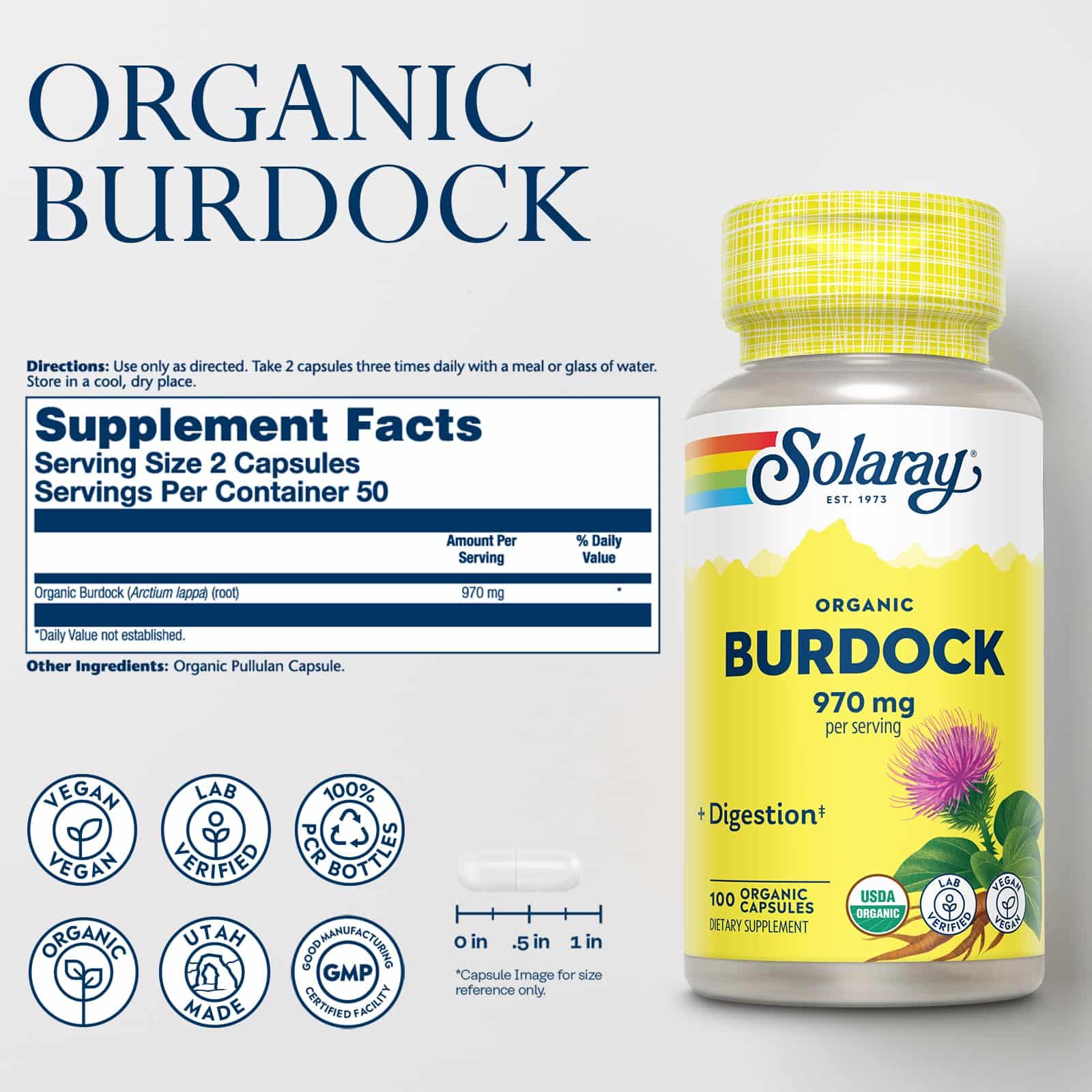 SOLARAY Organic Burdock Root 970 mg - Digestive Support Supplement - USDA Burdock Root Org - Image 2