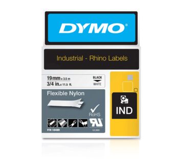 DYMO Rhino Industrial Flexible Nylon Labels, 3/4″ x 11.5′, Black Print on White Tape