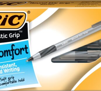 BIC Round Stic Grip Xtra Comfort Ballpoint Pen, Fine Point (0.8mm), Black, 12-Count