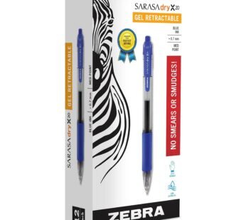 Zebra Pen Sarasa Dry X20 Retractable Gel Pen, Medium Point, 0.7mm, Blue Ink, 12-Pack