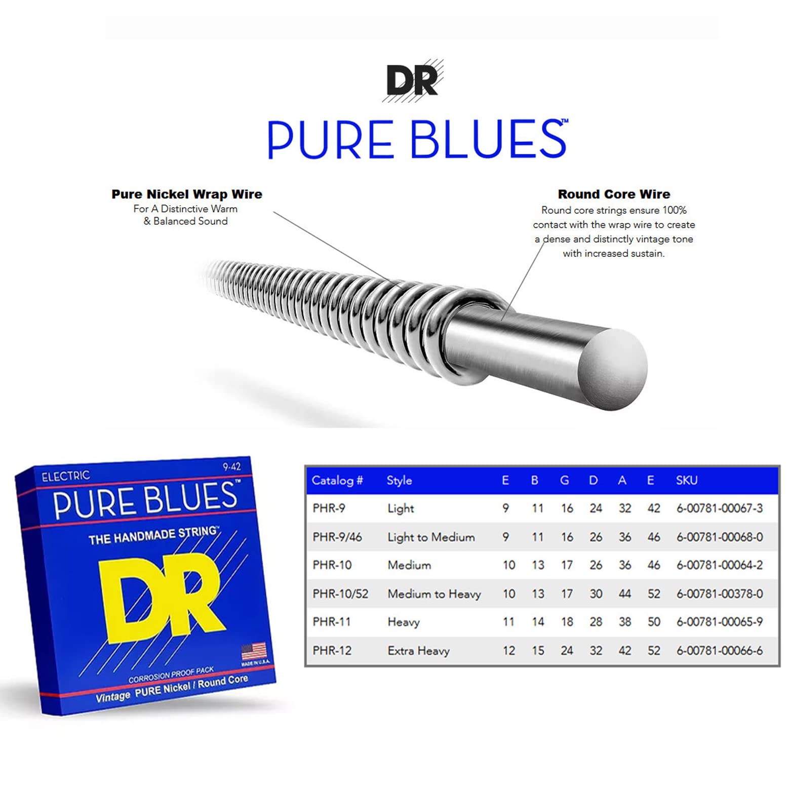 DR Strings Pure Blues Pure Nickel Wrap Round Core 11-50 - Image 4
