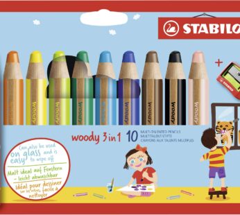 Multi-talented Pencil – STABILO woody 3-in-1 – Wallet of 10 – Assorted Colors + Sharpener