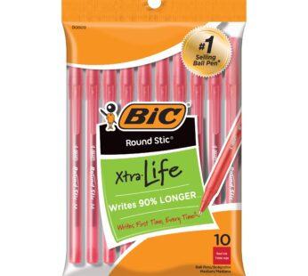 BIC Round Stic Xtra Life Ballpoint Pen, Medium Point (1.0mm), Red, 10-Count