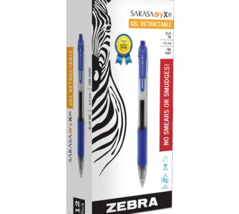 Zebra Pen Sarasa Dry X20 Retractable Gel Pen, Fine Point, 0.5mm, Blue Ink, 12-Pack