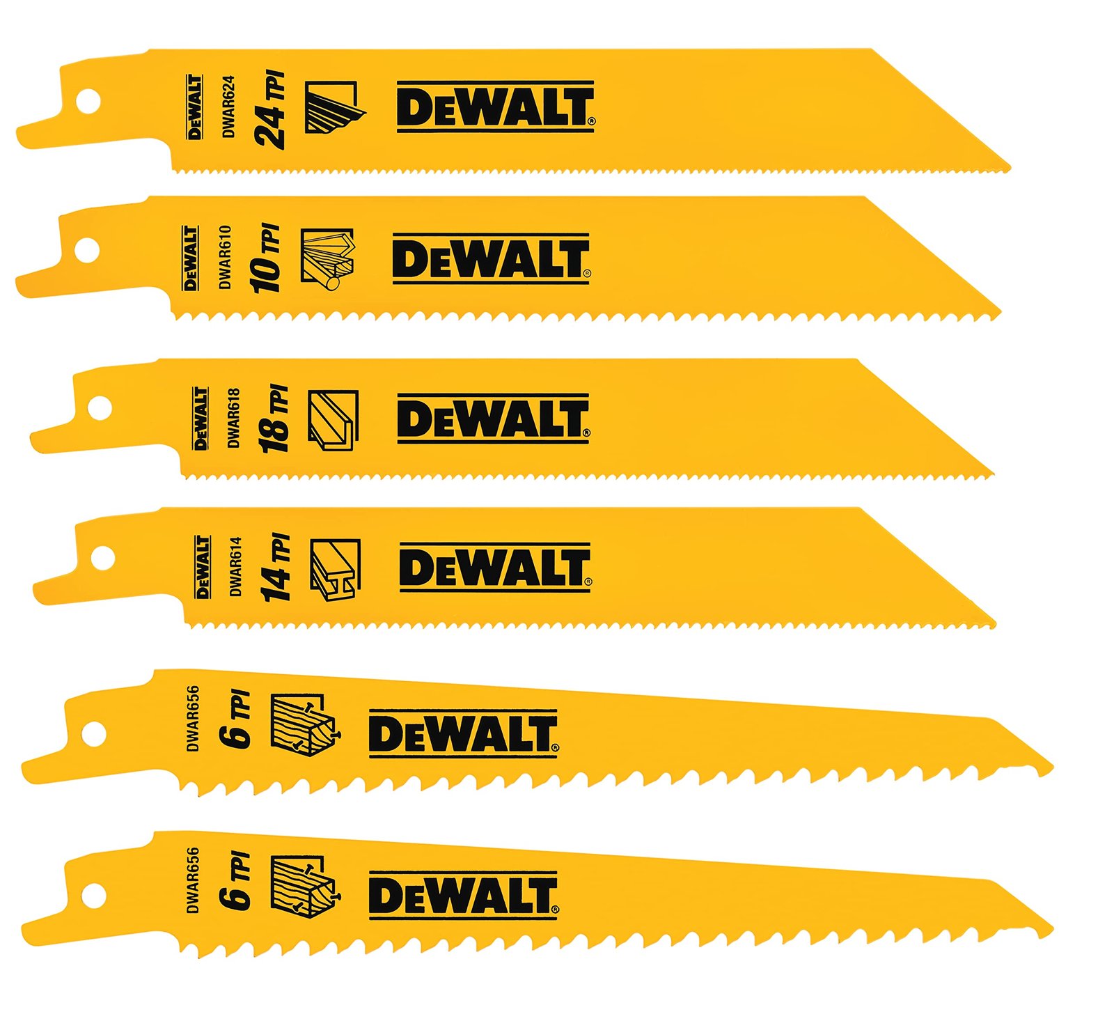 DEWALT DW4856 6pc Metal/Woodcutting Reciprocating Saw Blade Set, Metallic