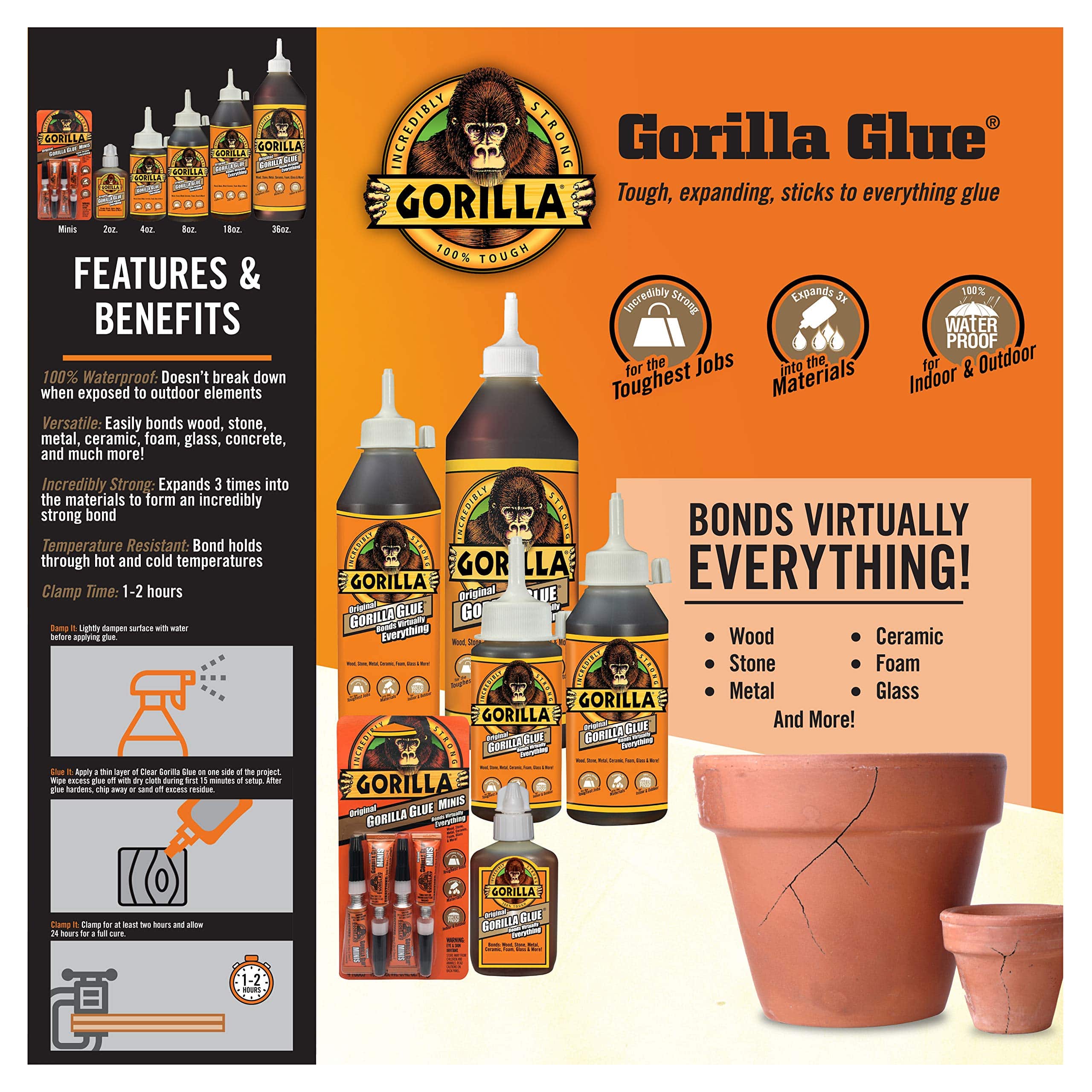 Gorilla Original Gorilla Glue, Waterproof Polyurethane Glue, 2 Ounce Bottle, Brown, (Pack - Image 3