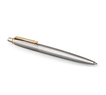 PARKER Jotter Ballpoint Pen, Stainless Steel with Golden Trim, Medium Point Blue Ink, Gift