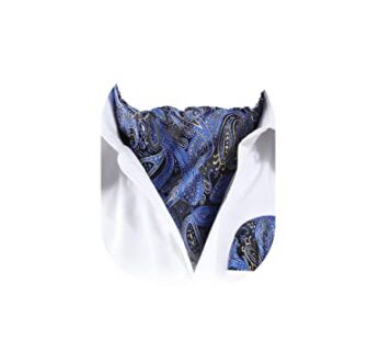 HISDERN Ascot Ties for Men Navy Blue Paisley Cravat for Men and Pocket Square Set Floral C