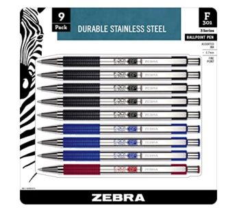 Zebra Pen F-301 Retractable Ballpoint Pen, Stainless Steel Barrel, Fine Point, 0.7mm, Asso