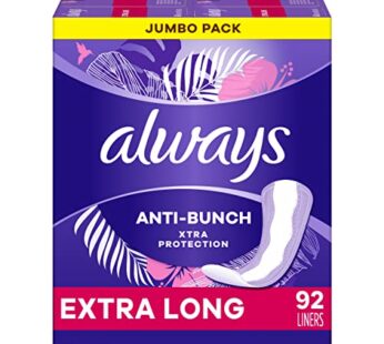 Always Anti-Bunch Xtra Protection, Panty Liners For Women, Extra Long Length, Unsented, 92