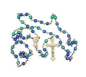 Light Blue Aurora Borealis style Glass 6MM Bead Rosary w Virgin Mary Center