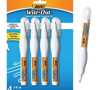 BIC Wite-Out Brand Shake ‘n Squeeze Correction Pen, 8 ML Correction Fluid, 4-Count Pack of