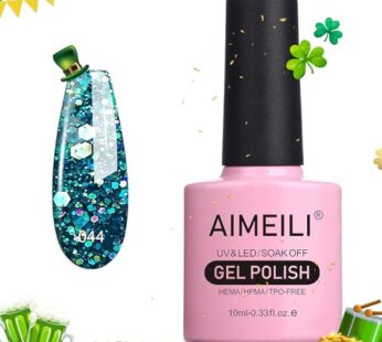 AIMEILI Soak Off U V LED Gel Nail Polish – Diamond Glitter Teal Blue Green (044) 10ml
