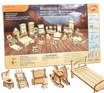 BOHS 34-Piece Dollhouse Furniture Set – Laser Cut Wooden 3D Puzzles – Miniature Doll House