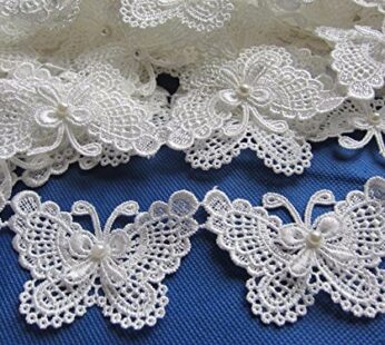 YYCRAFT Butterfly 3″ Lace Edge Trim Pearl Wedding Applique DIY Sewing-White(5 Yards)