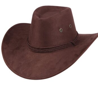 UwantC Mens Faux Felt Western Cowboy Hat Fedora Outdoor Wide Brim Hat with Strap Coffee