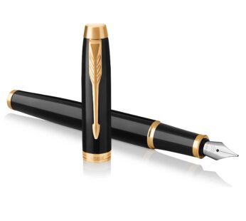 Parker IM Fountain Pen, Black Lacquer Gold Trim, Medium Nib with Blue Ink Refill, Gift Box