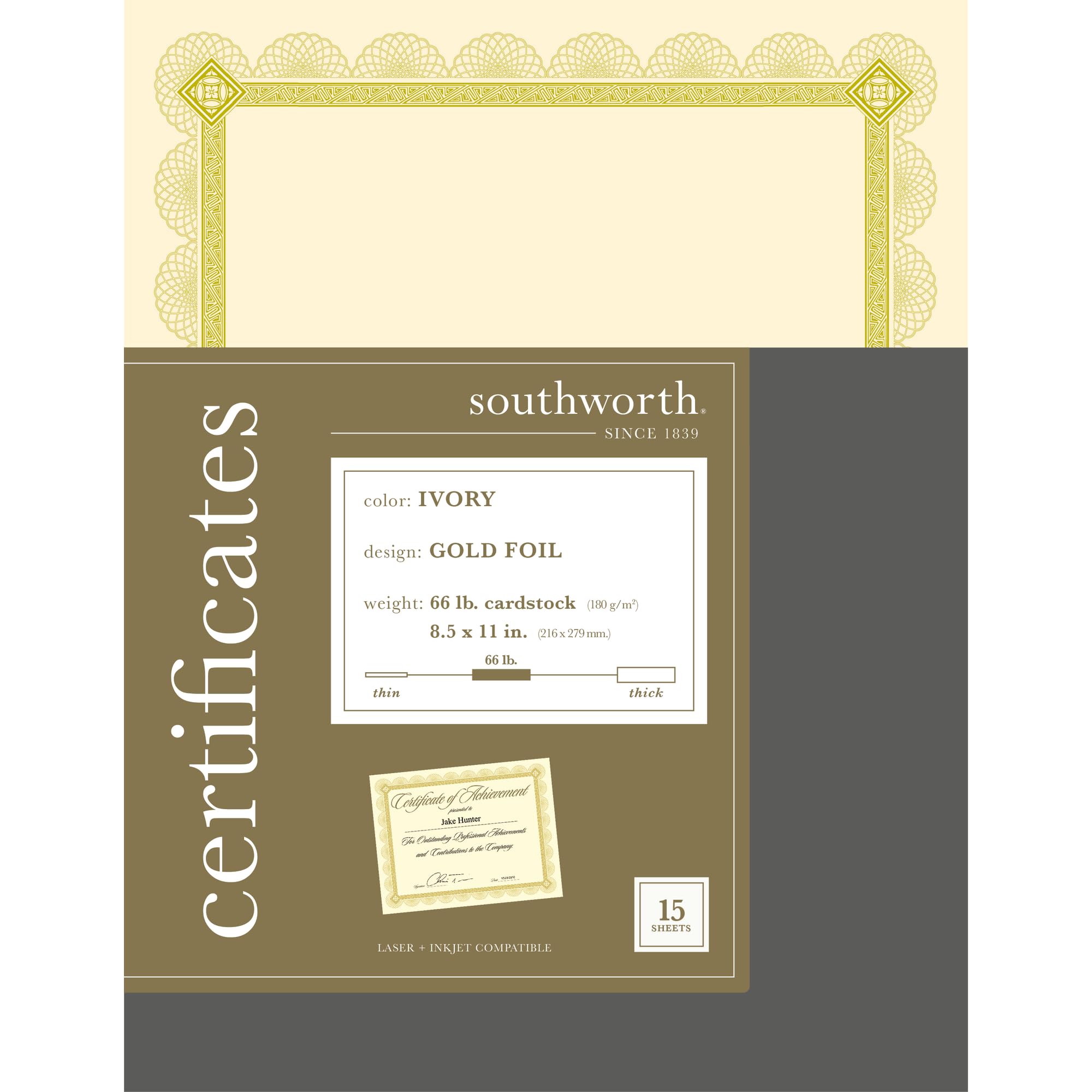 Southworth? Premium Foil Certificates, 8 1/2" x 11", 66 Lb, Ivory/Gold Foil Spiro, Pack of
