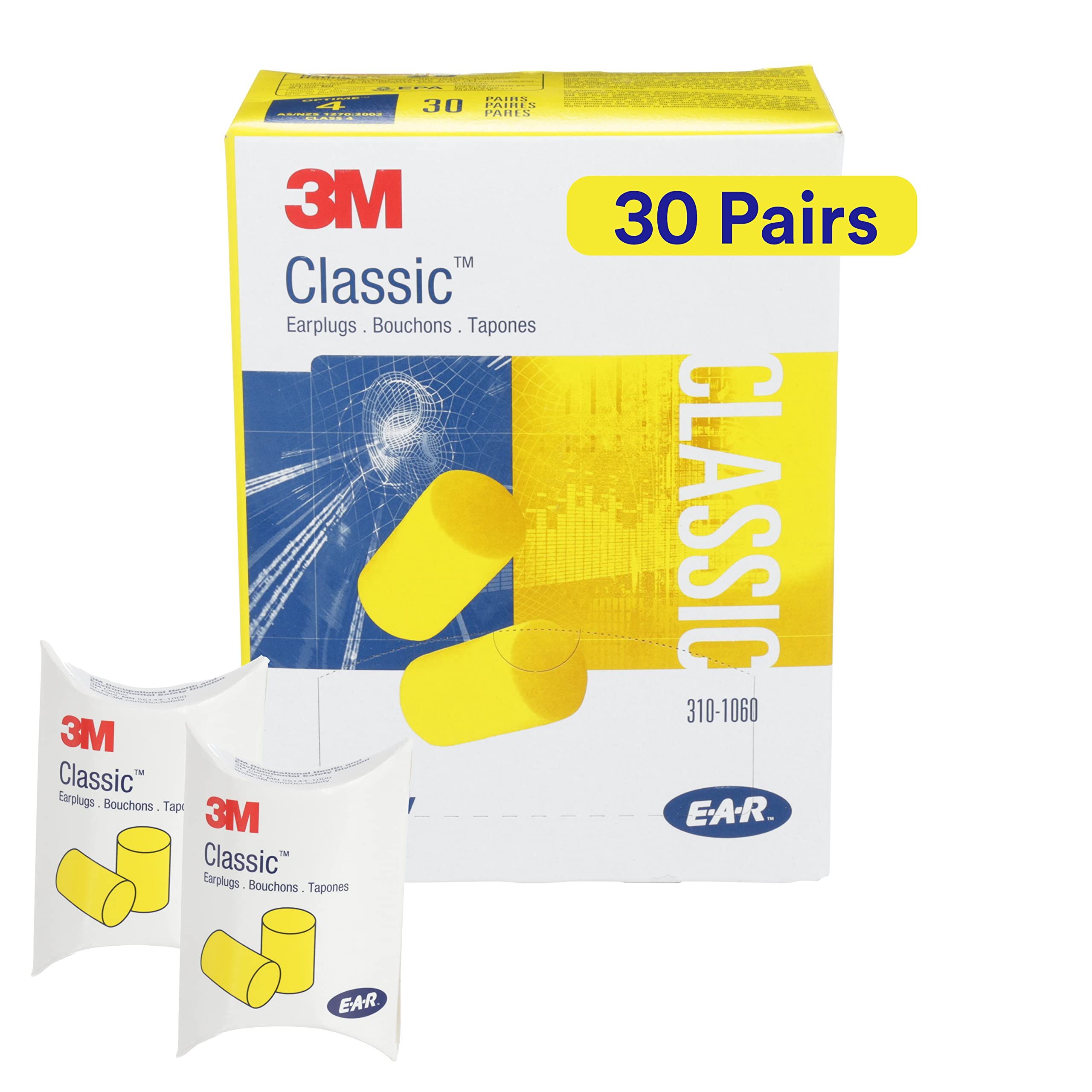 3M Ear Plugs, 30 Pairs/Box, E-A-R Classic 310-1060, Uncorded, Disposable, Foam, NRR 29, Fo