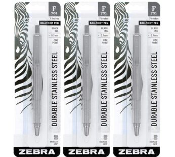 Zebra Pen 29411 Model F-701 Pack of 3 All Metal Retractable Ballpoint Pens; Heavy Duty Sta