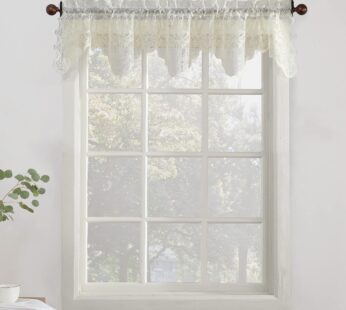 No. 918 Alison Floral Lace Sheer Rod Pocket Kitchen Curtain Valance, 58″ x 14″, Ivory