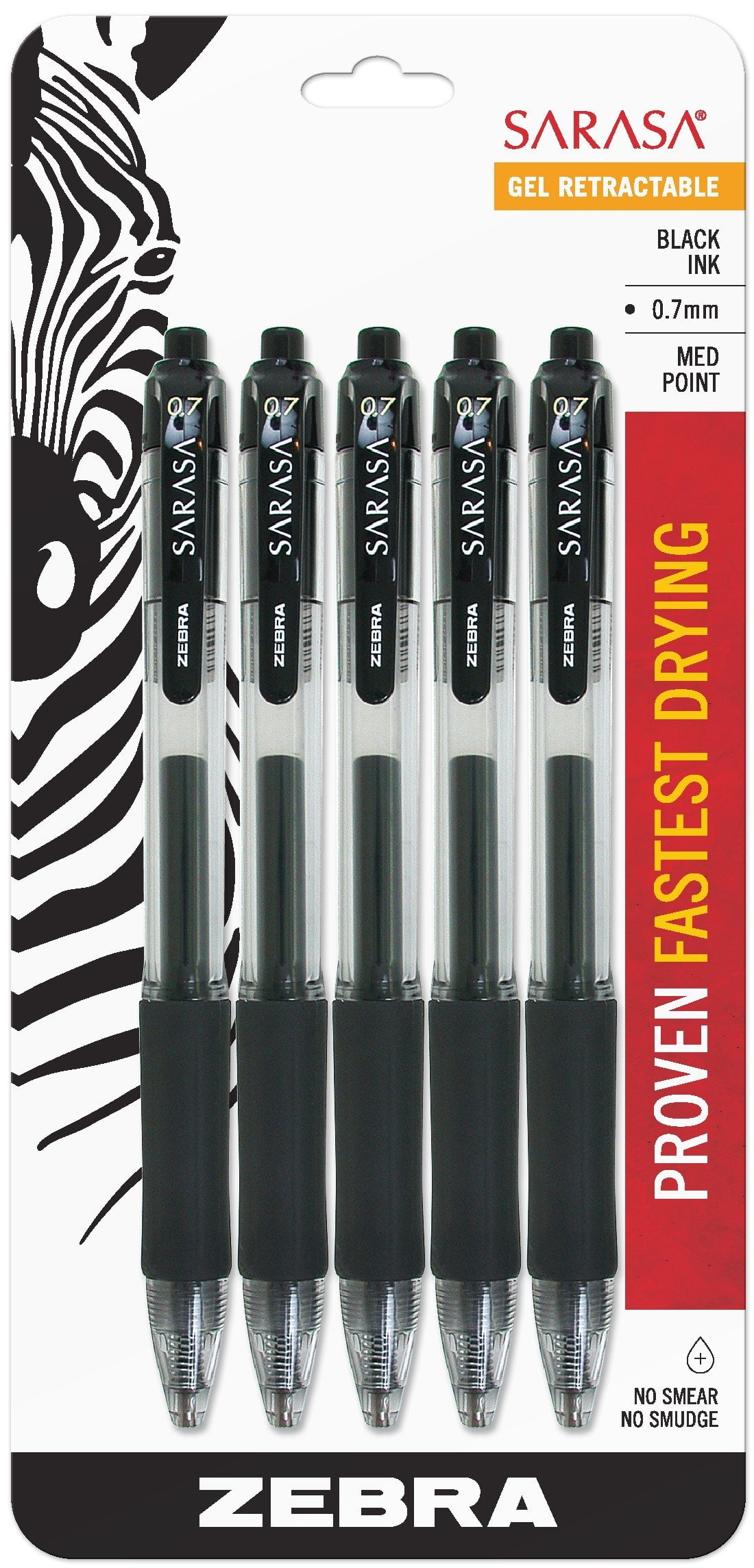Zebra Pen Sarasa Retractable Gel Pen, Medium Point, 0.7mm, Black Ink, 5-Pack
