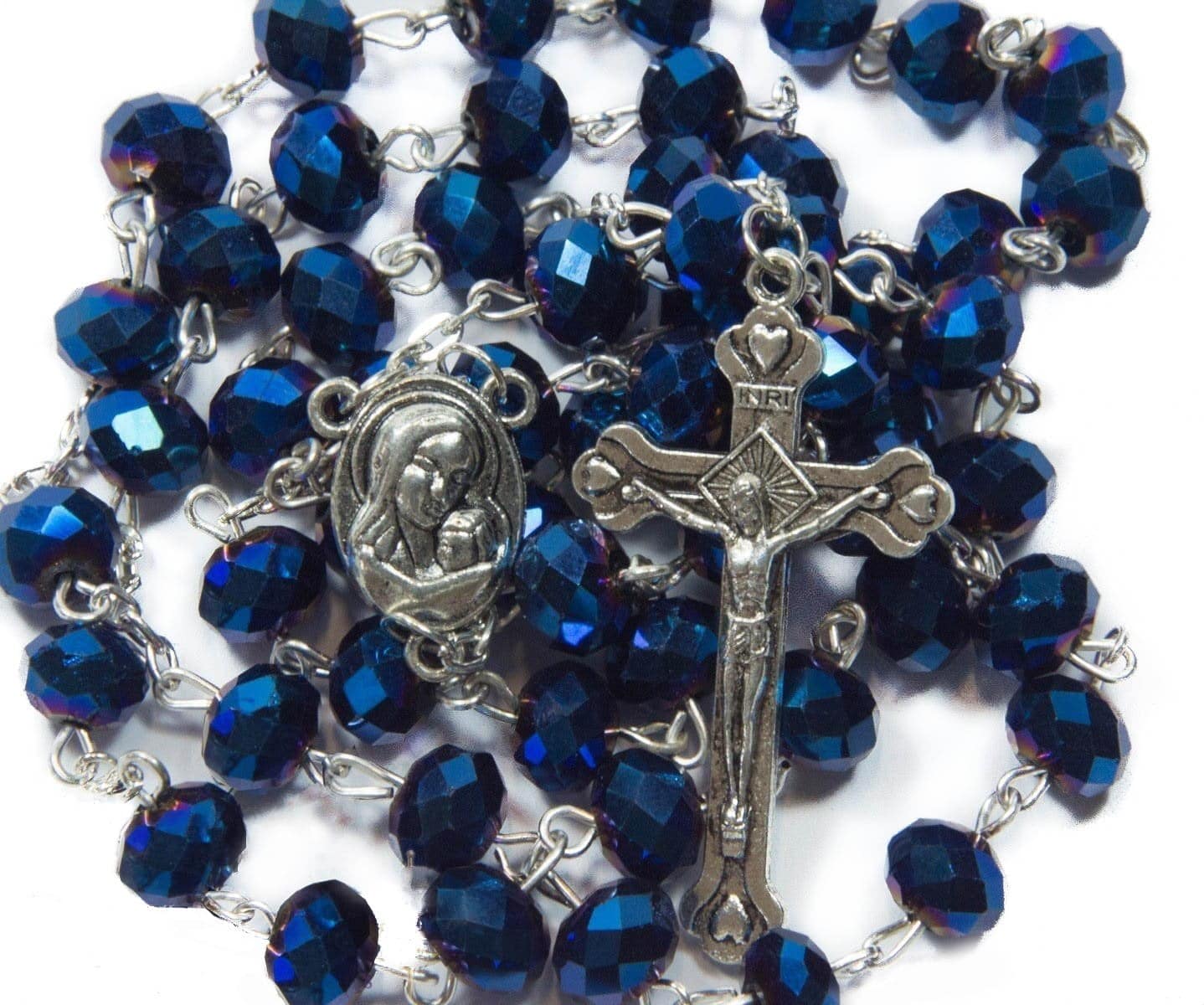 Nazareth Store Deep Blue Crystal Beads Rosary Catholic Necklace Holy Soil Medal Cross Cruc