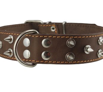 Real Leather Brown Spiked Dog Collar Spikes, 1.6″ Wide. Fits 19″-23″ Neck, Large Breeds Ma