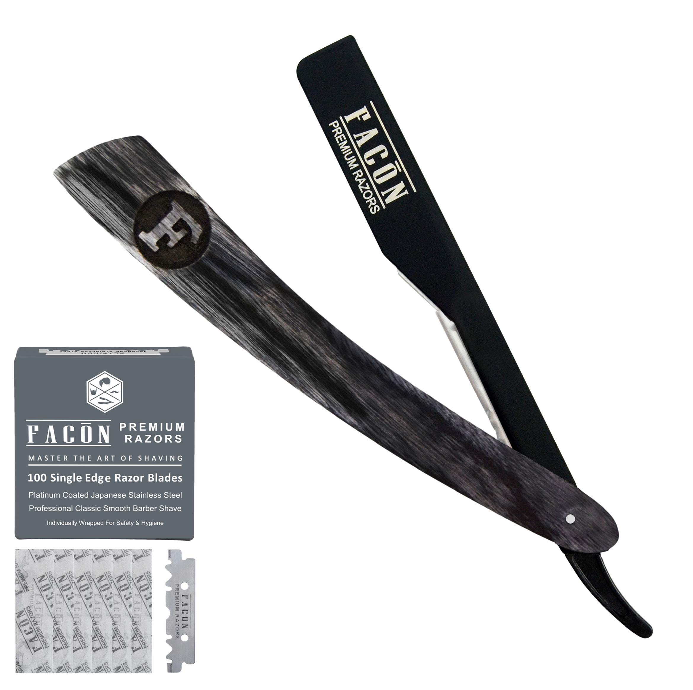100 BLADES + Fac n Professional Wooden Straight Edge Barber Razor - Salon Quality Cut Thro