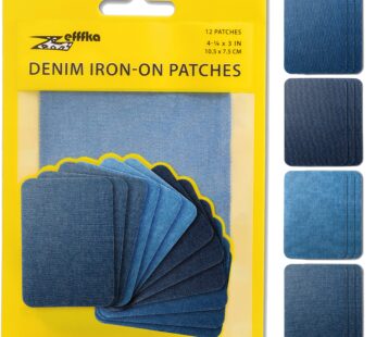 ZEFFFKA Denim Iron-on Patches Repair Kit – 12pcs, 3″x4.25″, 100% Cotton, Strongest Glue, A