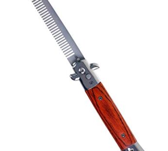 Switchblade Comb Pocket Knife Hair Brush Automatic Push Button Folding Barber (Wood Grain)