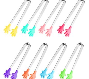 8PCS Silicone Mini Tongs, 5Inch Hand Shape Food Tongs, Colourful Small Kids Tongs for Serv
