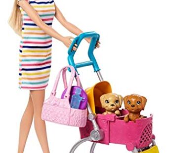 Barbie Dogwalking Doll & Accessories, Stroll & Play Pups Playset with Transforming Strolle