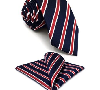 S&W SHLAX&WING Mens Ties Silk Necktie Dark Blue Navy Red Stripe Classic Size 57.5″ with Po