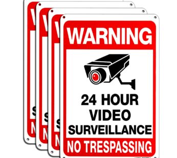 HISVISION Video Surveillance Sign 4-Pack, No Trespassing Metal Reflective Warning Sign, UV