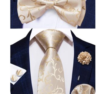 Hi-Tie 6pcs Tie Set Beige Necktie Pretied Bow Tie Handkerchief Lapel Pin Cufflinks