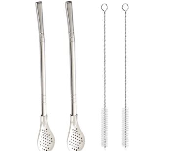 2Pcs Removable Stainless Steel Straw Filter Spoon with 2 Cleaning Brush, Yerba Mate Bombil