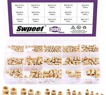 Swpeet 300Pcs 5 Values M2 M3 M4 M5 M6 Female Thread Knurled Nuts Brass Threaded Insert Emb