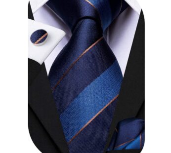 Hi-Tie Navy Blue Classic Striped Ties for Men Woven Silk Neckties with Pocket Square and C