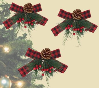 Berry and Pinecone and Pine Twigs on Buffalo Plaid Bows for Christmas Decorating – Set of