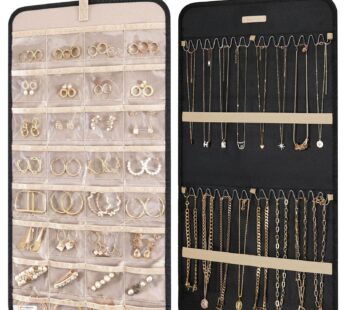 BAGSMART Hanging Jewelry Organizer Storage Roll with Hanger Metal Hooks Double-Sided Jewel