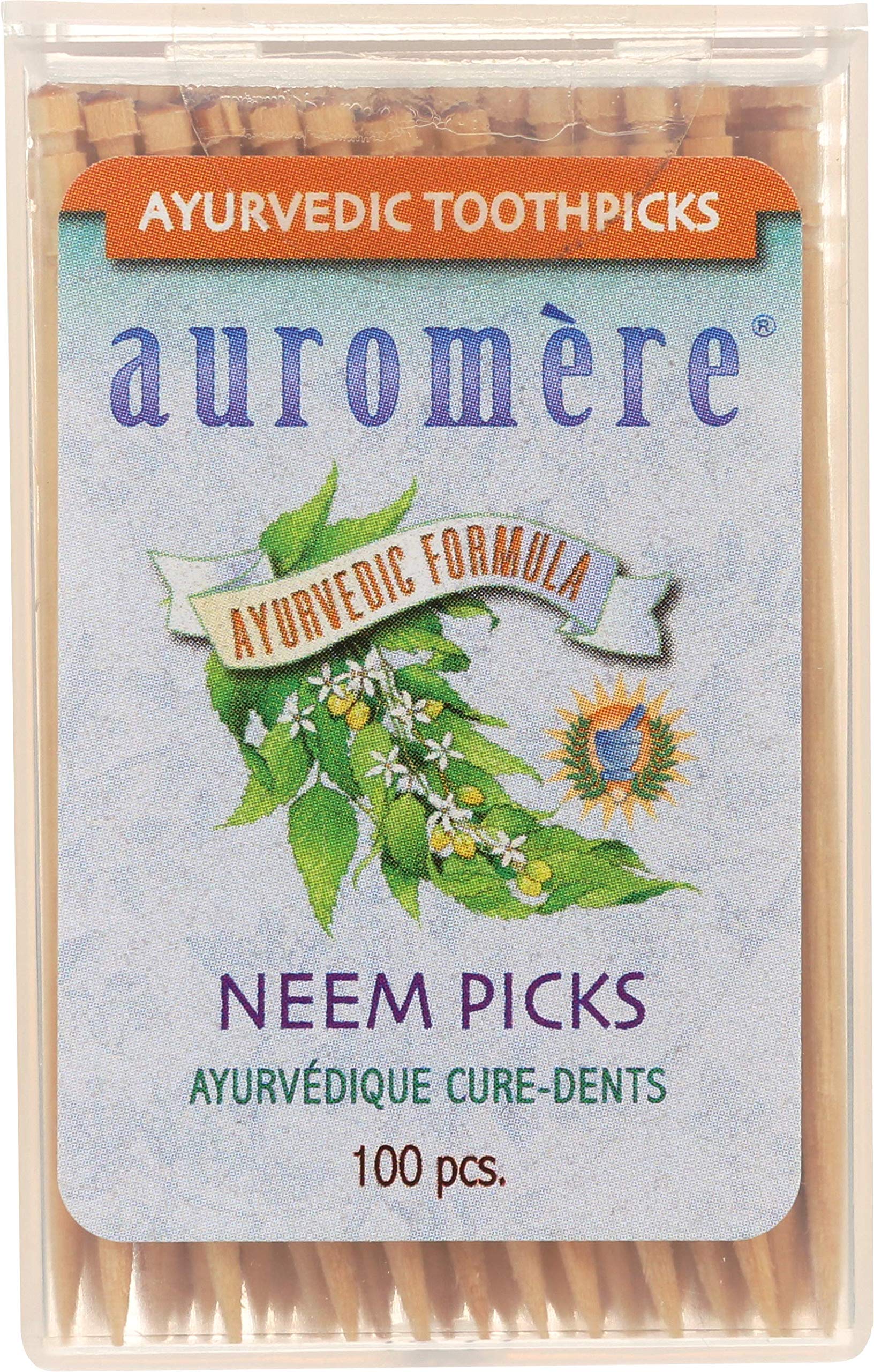 Auromere Ayurvedic Neem Toothpicks - Vegan, Natural, Non GMO, Made from Birchwood (100 Cou