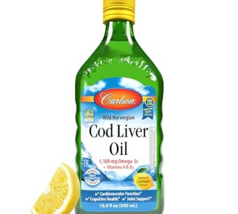 Carlson – Cod Liver Oil, 1100 mg Omega-3s, plus Vitamins A and D3, Wild Caught Norwegian Arctic Cod Liver Oil, Sustainably Sourced Nordic Fish Oil Liquid, Lemon, 500 mL (16.9 Fl Oz)