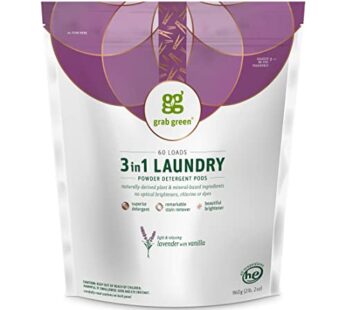 Grab Green 3-in-1 Laundry Detergent Pods, 60 Count, Lavender Vanilla Scent, Plant and Mineral Based, Superior Cleaning Power, Stain Remover, Brightens Clothes