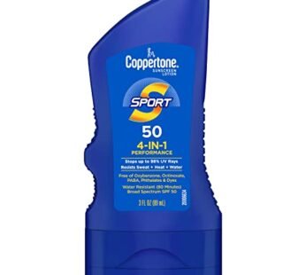 Coppertone SPORT Sunscreen SPF 50 Lotion, Water Resistant , Body Sunscreen Lotion, Travel Size , 3 Fl Oz