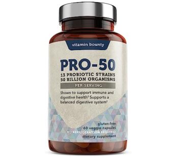 Vitamin Bounty Pro-50 Probiotic – 50 Billion Organisms and 13 Probiotic Strains That Promote Gut Health, Digestive Health Probiotic, Delayed Release Capsule with Prebiotic Greens – 60 Capsules