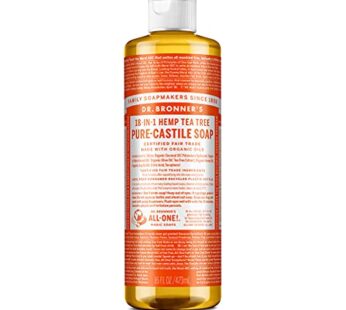 Dr. Bronner’s – Pure-Castile Liquid Soap (Tea Tree, 16 ounce) – Made with Organic Oils, 18-in-1 Uses: Acne-Prone Skin, Dandruff, Laundry, Pets and Dishes, Concentrated, Vegan, Non-GMO