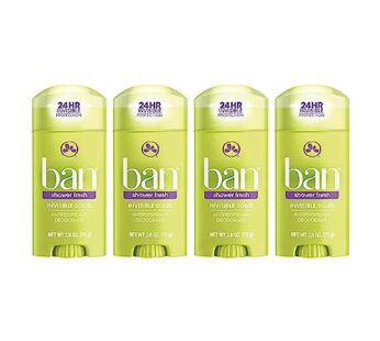 Ban Shower Fresh 24-hour Invisible Antiperspirant, Solid Deodorant for Women and Men, Underarm Wetness Protection, with Odor-fighting Ingredients, 2.6 Ounce, 4 Count (Pack of 1)
